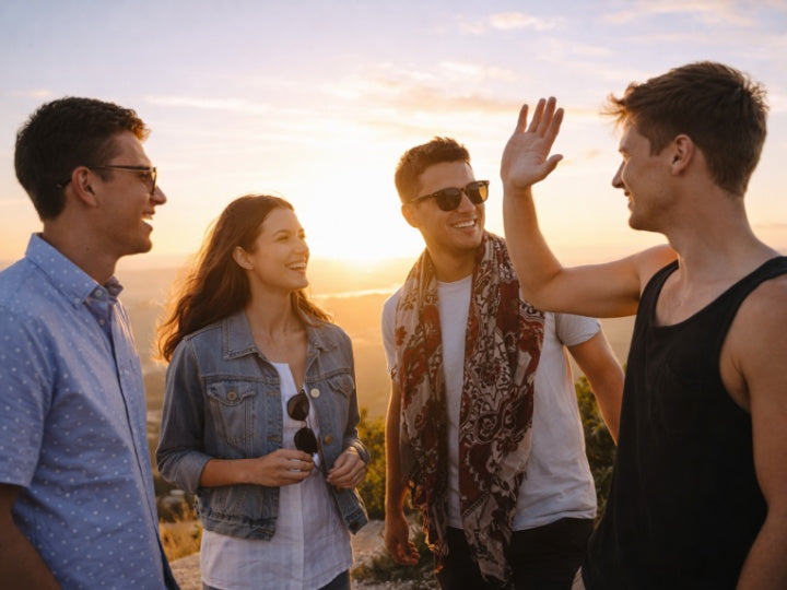 Group of friends enjoying sunset at Wilsons Promontory summit, Victoria, Australia | social travel and adventure experience