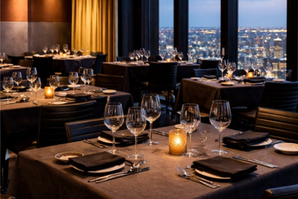 Elegant interior of a sky-high fine dining restaurant in Melbourne | tables set with wine glasses and city skyline backdrop