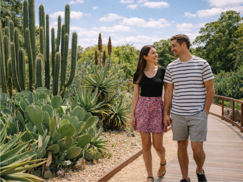 Couple walking through the arid zone with cacti at Royal Botanic Gardens Cranbourne Explorer Tour