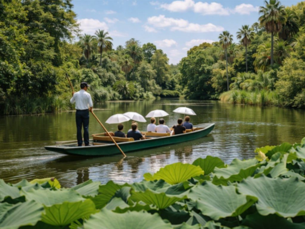 Guided boat tour on the lake at Royal Botanic Gardens Cranbourne, surrounded by tropical palms and lotus leaves, Australia